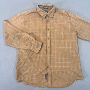 Dockers Mens Large Button Up Plaid Brown Stain Defender Classic Fit No Wrinkles